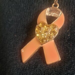 Beautiful Peach Awareness Ribbon w/ Jeweled Heart Necklace - Silver Tone 21"